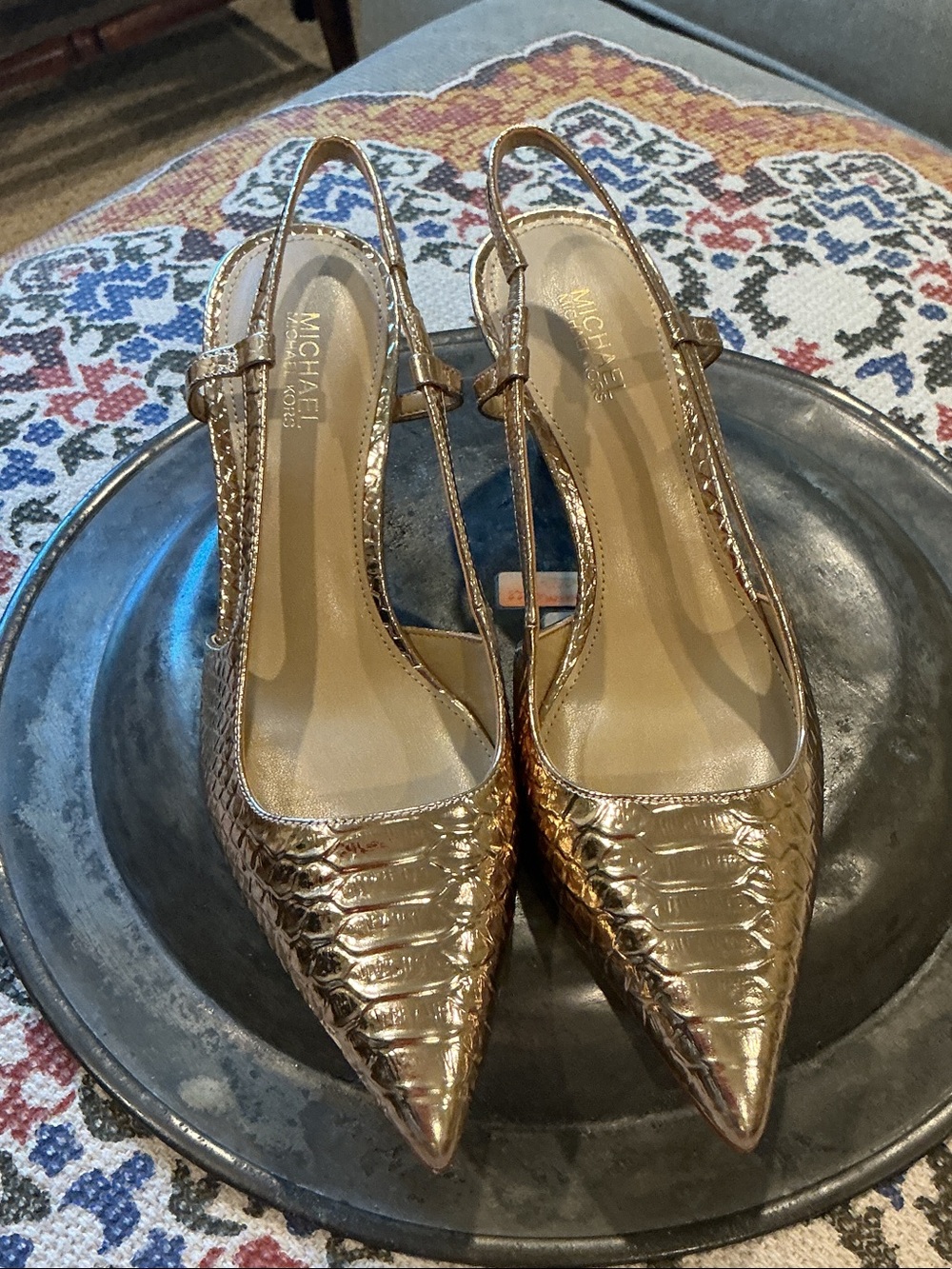 Michael Kors Alora Gold Textured Pointed Slingback Heels
